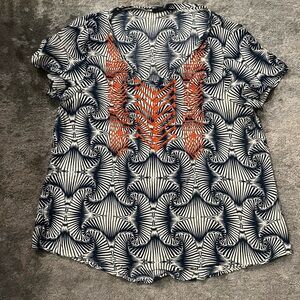 THML Women's Blouse with Navy and Orange Pattern